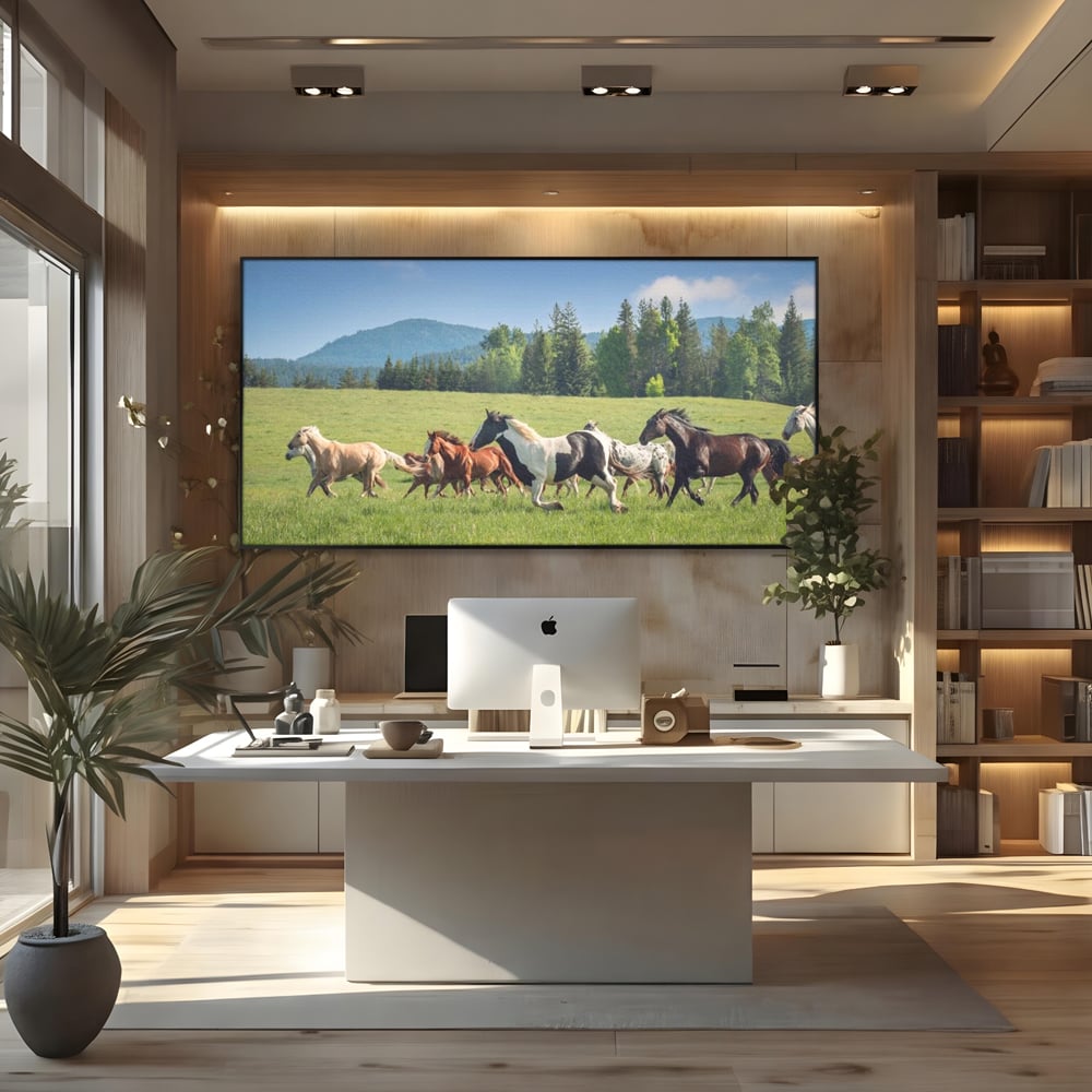 Tablou canvas cu grup de cai care galopeaza pe pajiste, in rama de aluminiu negru, pe perete intr-un birou